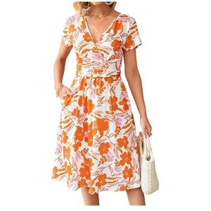 NWT OUGES Summer Short Sleeve V-Neck Floral Short Party Dress with Pockets
